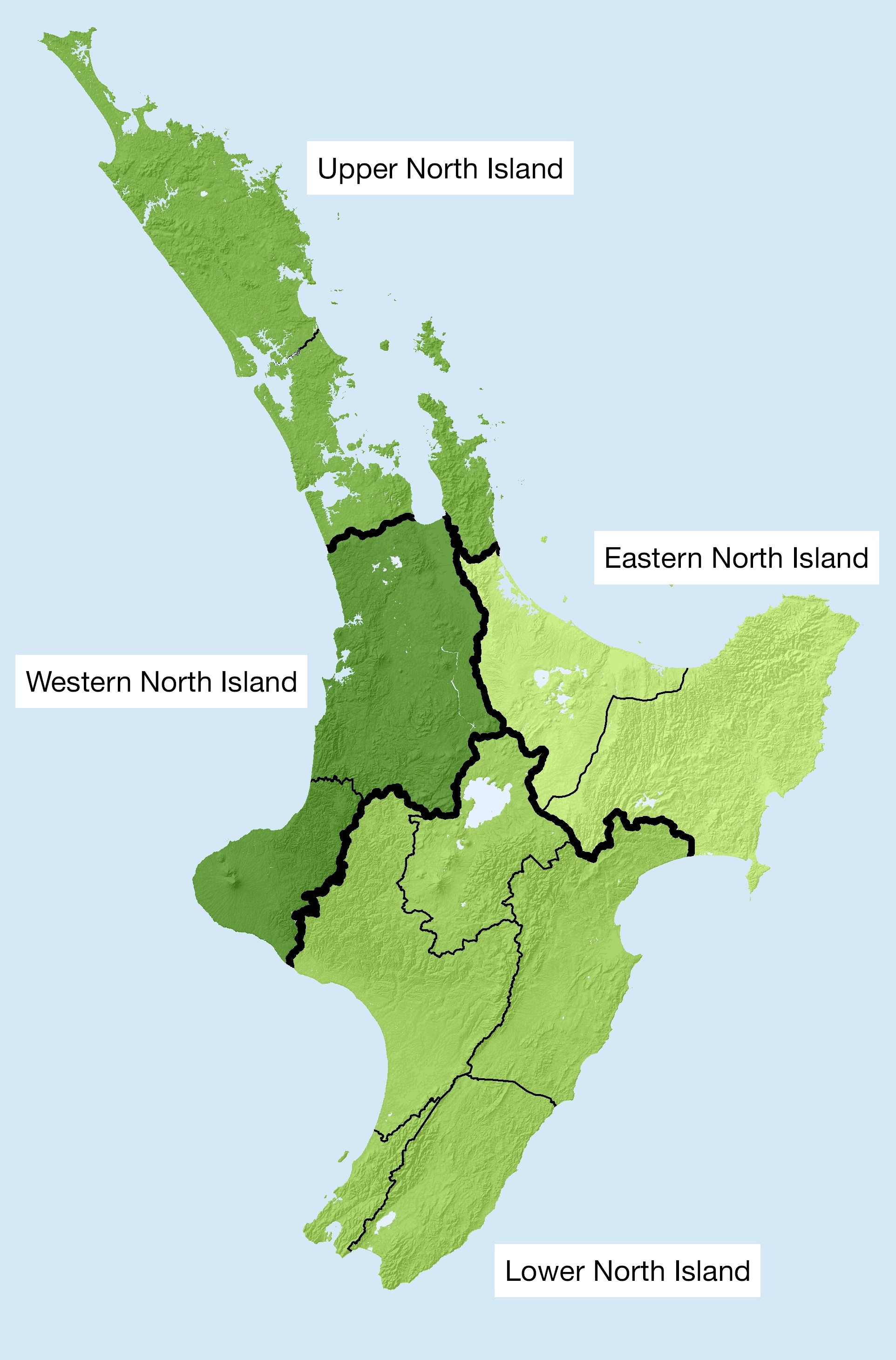 Map of the North island, displaying the different region groups.